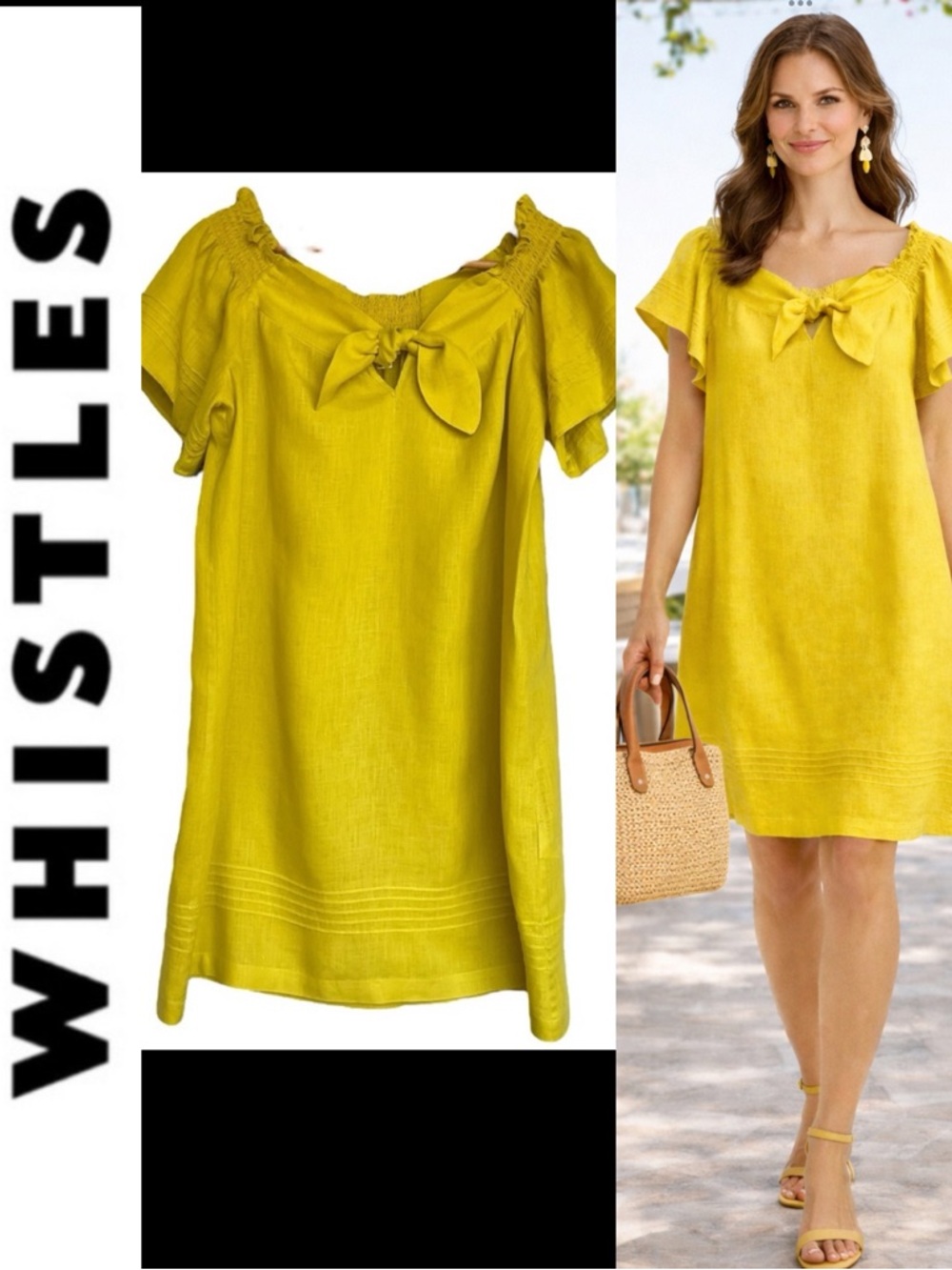 Whistles Yellow Tie-Neck Linen Mini Dress